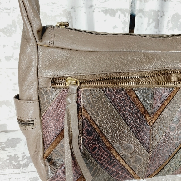 Great American Taupe Tan Purple Pattern Leather Works Shoulder Purse 0814 - Picture 3 of 13